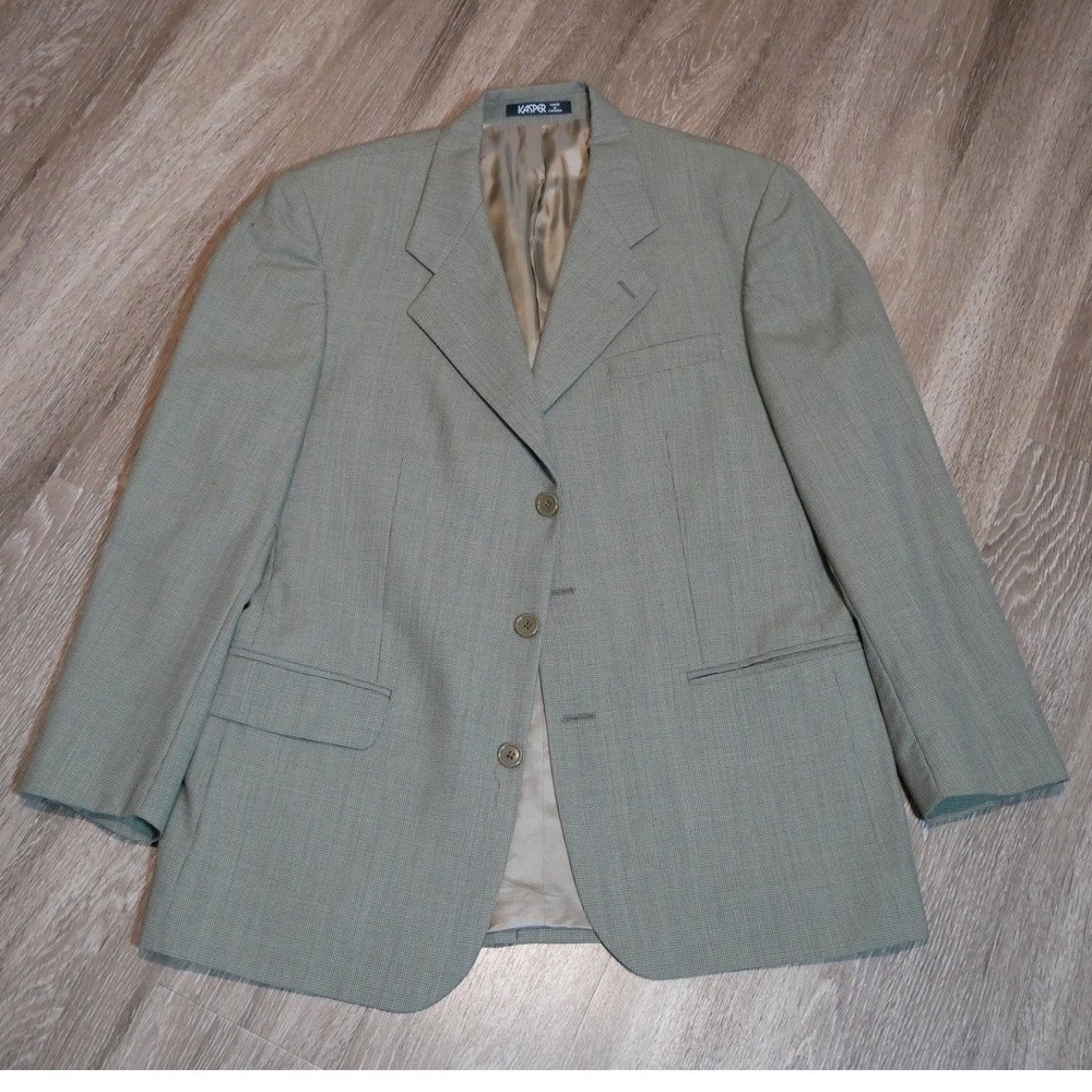 Kasper Mens 41R Blazer‎ Pure Virgin Wool Olive Tan Micro Houndstooth Sport Coat
